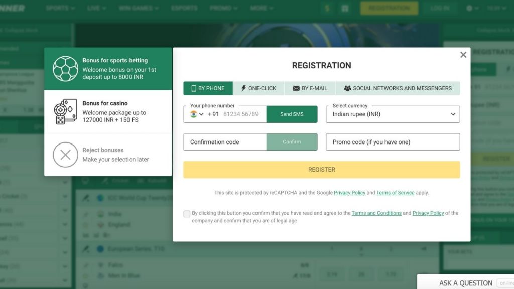 Betwinner India Registration process